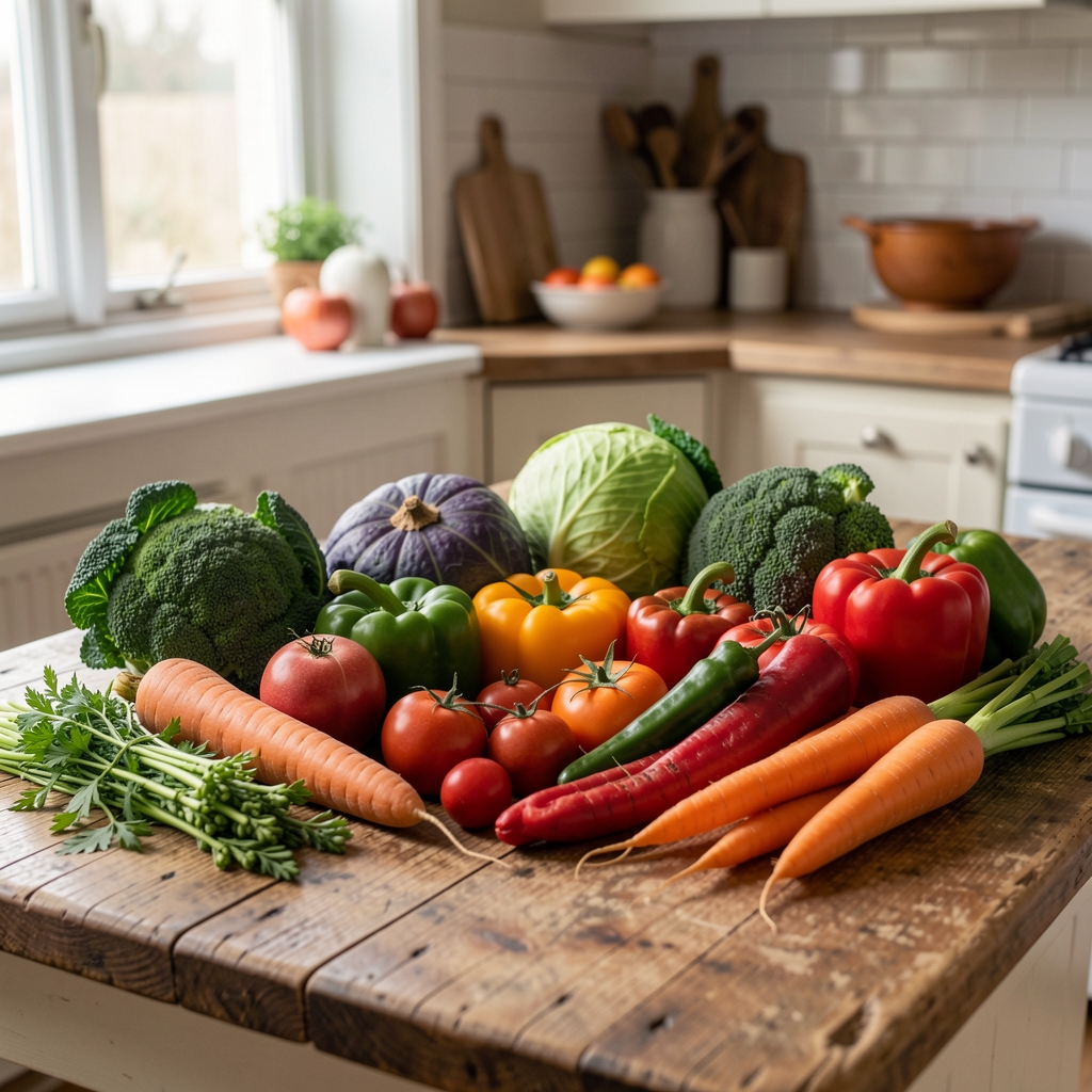 Colourful array of seasonal vegetables laid out on a worn wooden kitchen surface in soft morning window light, including courgettes, carrots, beetroot and leafy greens